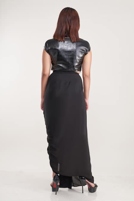 Shop_POOJA BAGARIA_Black Faux Leather, Polyester, Crepe Boat Neck Pu Crop Top And Draped Skirt _at_Aza_Fashions