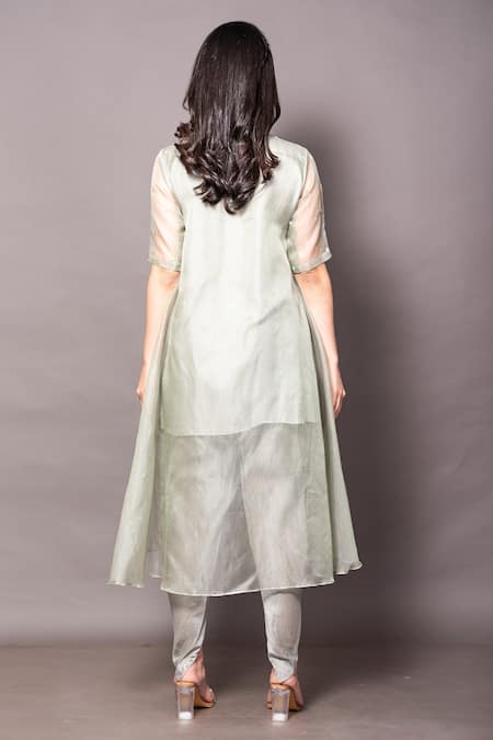 Shop Vara By Vibha N Priti Green Organza Embroidery Round Neck High Low Cut Hand Tunic With Pant at Aza Fashions Shop_Vara By Vibha N Priti_Green Organza Embroidery Round Neck High Low Cut Hand Tunic With Pant _at_Aza_Fashions