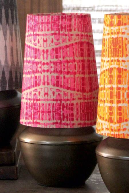 Shop Courtyard Pink Metal, Cotton Abstract Pattern Shubha Table Light at Aza Fashions Shop_Courtyard_Pink Metal, Cotton Abstract Pattern Shubha Table Light_at_Aza_Fashions
