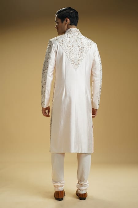 Shop Kommal Sood Pink Silk, Cotton Embroidery Motifs Sherwani Set at Aza Fashions Shop_Kommal Sood_Pink Silk, Cotton Embroidery Motifs Sherwani Set _at_Aza_Fashions