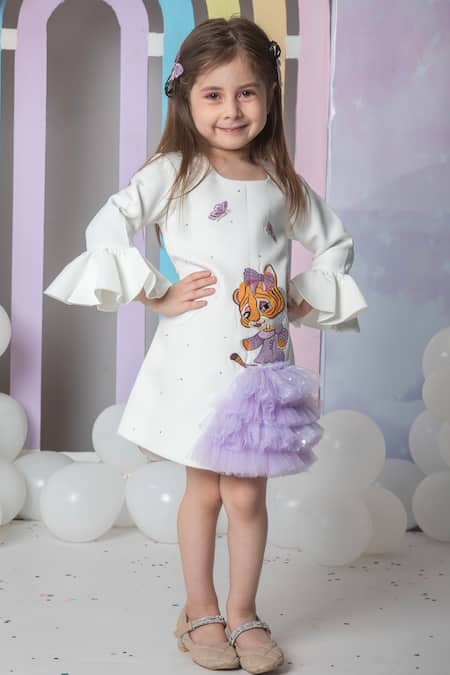 Shop Hoity Moppet White Crepe, Satin Embroidery Hobbes Shift Dress at Aza Fashions Shop_Hoity Moppet_White Crepe, Satin Embroidery Hobbes Shift Dress _at_Aza_Fashions