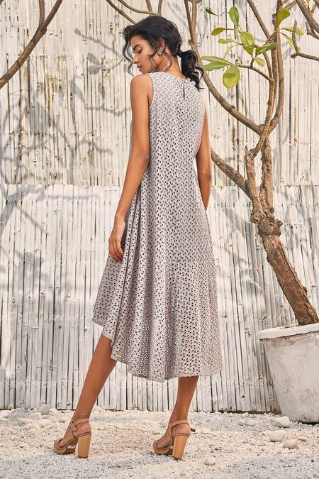 Shop_Charkhee_Grey Cotton Embroidery Round Neck Schiffli High Low Hem Dress_at_Aza_Fashions