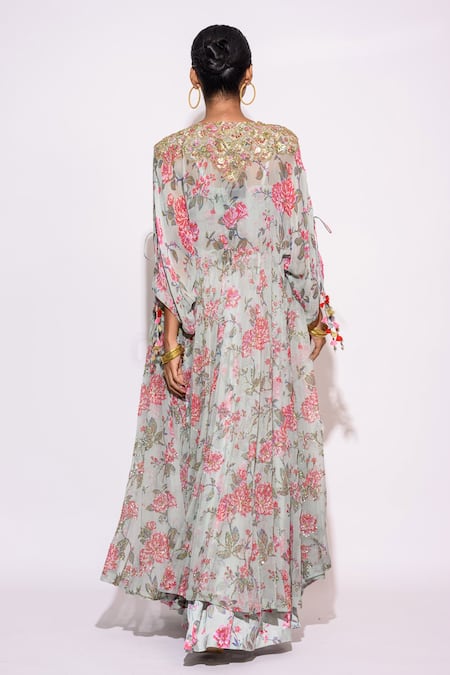 Shop Aangan By Parul Green Silk, Chiffon Sequins, Tassels Scoop Neck, Embellished Kaftan Palazzo Set at Aza Fashions Shop_Aangan By Parul_Green Silk, Chiffon Sequins, Tassels Scoop Neck, Embellished Kaftan Palazzo Set _at_Aza_Fashions