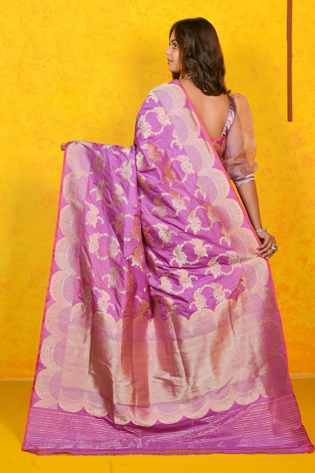 Shop Naaritva India Purple Silk Zari Banarasi Kadwa Floral Handwoven Saree With Running Blouse at Aza Fashions Shop_Naaritva India_Purple Silk Zari Banarasi Kadwa Floral Handwoven Saree With Running Blouse _at_Aza_Fashions