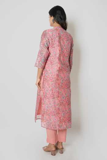 Shop Kameez Pink Chander Printed Floral Mandarin Collar Kurta at Aza Fashions Shop_Kameez_Pink Chander Printed Floral Mandarin Collar Kurta_at_Aza_Fashions