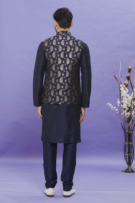 Shop_Arihant Rai Sinha_Blue Jacquard, Silk Embroidery Floral Banarasi Bundi _at_Aza_Fashions
