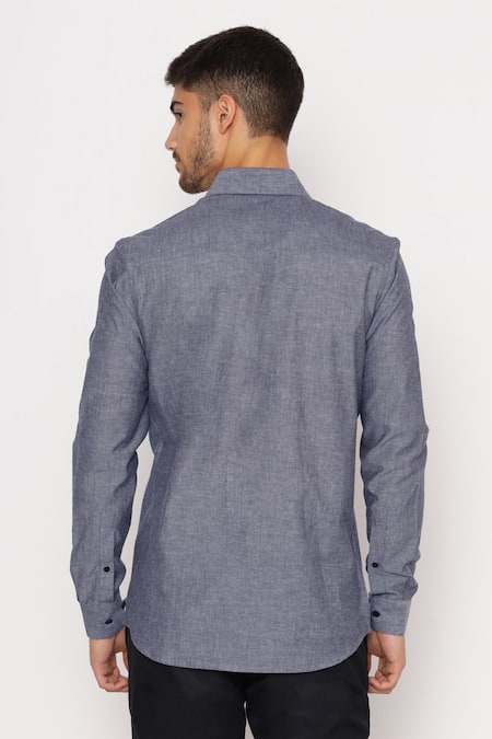 Shop Lacquer Embassy Blue Cotton Embroidery Abstract Motif Chambray Shirt at Aza Fashions Shop_Lacquer Embassy_Blue Cotton Embroidery Abstract Motif Chambray Shirt _at_Aza_Fashions