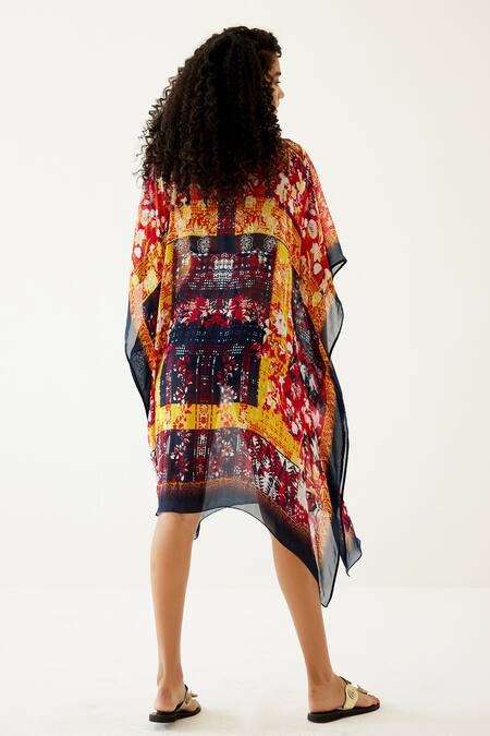 Shop Payal Jain Multi Color Chiffon Abstract Pattern V Neck Kaftan at Aza Fashions Shop_Payal Jain_Multi Color Chiffon Abstract Pattern V Neck Kaftan_at_Aza_Fashions