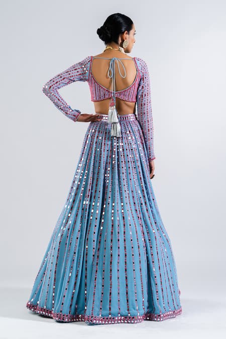 Shop Vvani By Vani Vats Blue Georgette, Satin, Organza Mirrors, Work Stripe Pattern Lehenga Set at Aza Fashions Shop_Vvani By Vani Vats_Blue Georgette, Satin, Organza Mirrors, Work Stripe Pattern Lehenga Set _at_Aza_Fashions
