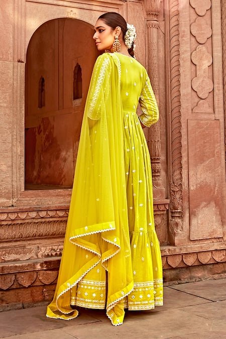 Shop_Preevin_Green Cotton, Tulle, Net Embroidery, Mirrors Angrakha Anarkali With Dupatta _at_Aza_Fashions