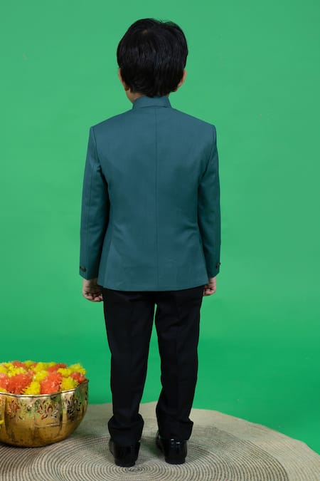 Shop Little Boys Closet Green Cotton, Polyester Embroidery Motif Bandhgala And Pant Set at Aza Fashions Shop_Little Boys Closet_Green Cotton, Polyester Embroidery Motif Bandhgala And Pant Set _at_Aza_Fashions