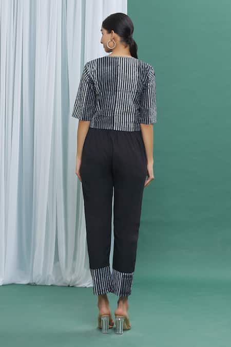 Shop Banana Labs Black Cotton Stripes Round Printed Pant Set at Aza Fashions Shop_Banana Labs_Black Cotton Stripes Round Printed Pant Set _at_Aza_Fashions