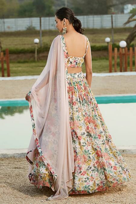Shop Basanti Kapde aur Koffee Multi Color Viscose, Organza Beads, Sequins, Blooming Floral Print Lehenga Set at Aza Fashions Shop_Basanti Kapde aur Koffee_Multi Color Viscose, Organza Beads, Sequins, Blooming Floral Print Lehenga Set_at_Aza_Fashions