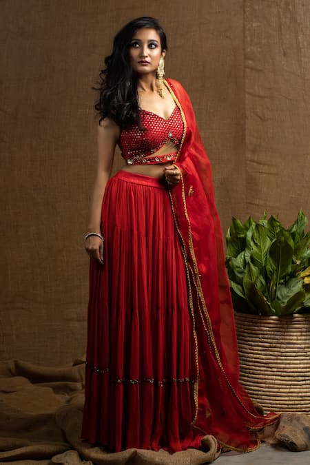 Shop Kanj By Priyanka A Sakhuja Red Sequin, Zari And Bead Work Plunge V Neck Mahip Tiered Lehenga Set at Aza Fashions Shop_Kanj By Priyanka A Sakhuja_Red Sequin, Zari And Bead Work Plunge V Neck Mahip Tiered Lehenga Set _at_Aza_Fashions