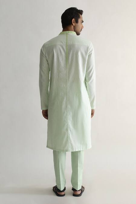 Shop_Kaha_Green Linen Tringle Cutout Elayneg Detail Kurta_at_Aza_Fashions