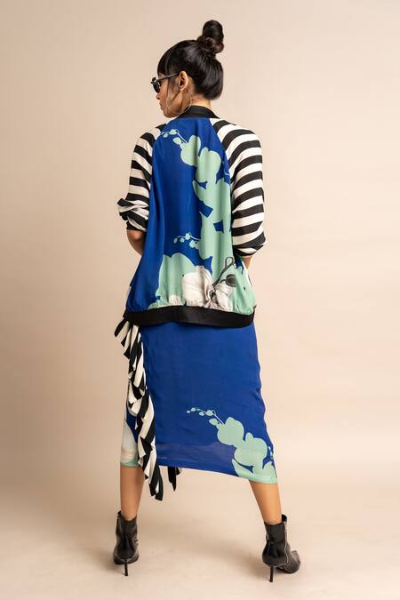 Shop_Nupur Kanoi_Blue Crepe Embroidery High Neck Floral Print Bomber Jacket And Frill Skirt Set_at_Aza_Fashions