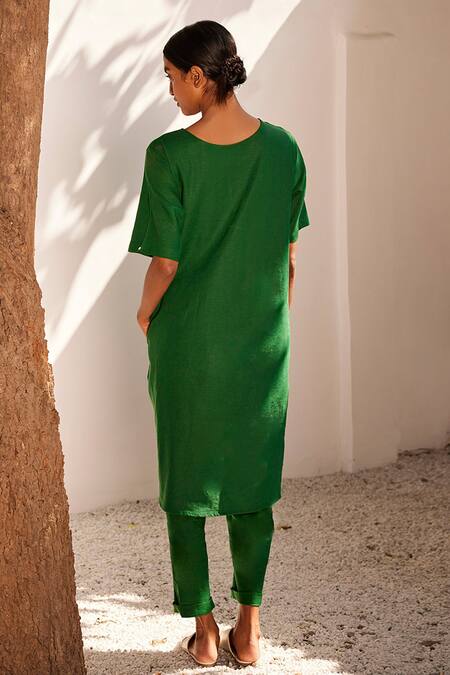 Shop_Kharakapas_Green Linen Embroidery Round Neck Engraved Asymmetric Hem Tunic And Trouser Set _at_Aza_Fashions
