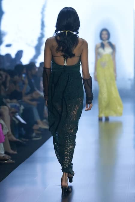 Shop Rina Dhaka Green Cotton Cut Work Square Neck Crochet And Ruched Dress at Aza Fashions Shop_Rina Dhaka_Green Cotton Cut Work Square Neck Crochet And Ruched Dress _at_Aza_Fashions