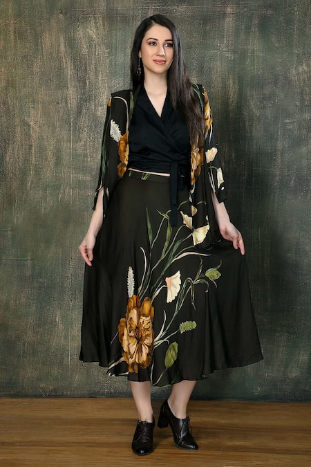 Shop Whimsical By Shica Black Organza, Satin Embroidery V-neck Floral Print Jacket And Skirt Set at Aza Fashions Shop_Whimsical By Shica_Black Organza, Satin Embroidery V-neck Floral Print Jacket And Skirt Set _at_Aza_Fashions
