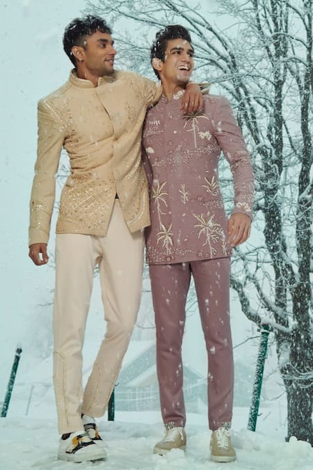 Shop_Sahil Kochhar_Beige Silk Embroidery Asad Applique Bandhgala _at_Aza_Fashions