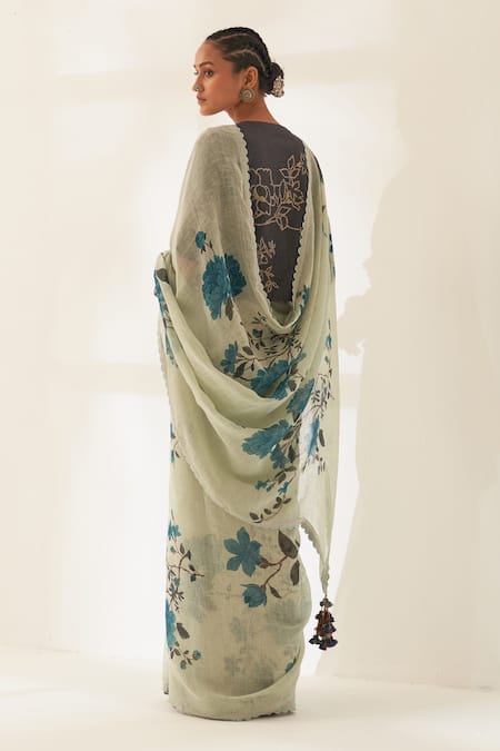 Shop_Kasturi Kundal_Blue Linen Tassels, Goolar Pure Handloom Saree With Unstitched Blouse _at_Aza_Fashions