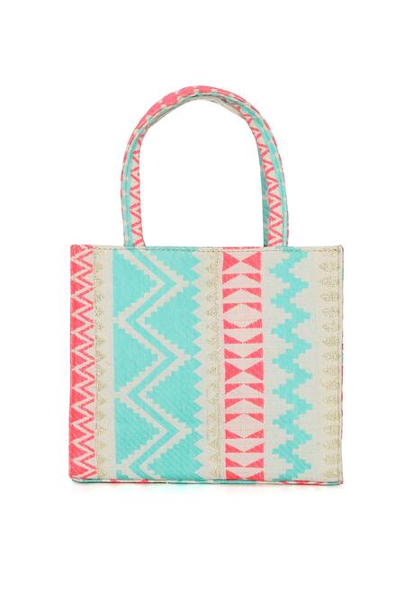 Buy Multi Color Woven Geometric Pattern Jacquard Tote Bag by