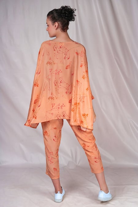 Shop Seesa Peach Crepe, Silk Embroidery Round Neck Printed Flared Top at Aza Fashions Shop_Seesa_Peach Crepe, Silk Embroidery Round Neck Printed Flared Top _at_Aza_Fashions