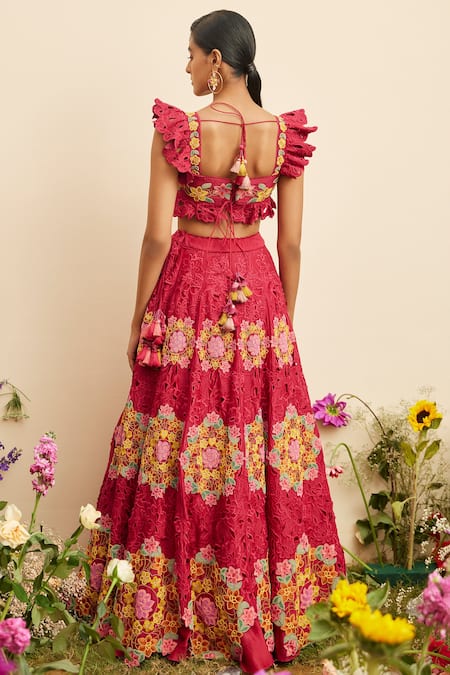 Shop Chandrima Fuchsia Chanderi Embroidery Sweetheart Neck Cutwork Ruffle Sleeve Bustier at Aza Fashions Shop_Chandrima_Fuchsia Chanderi Embroidery Sweetheart Neck Cutwork Ruffle Sleeve Bustier _at_Aza_Fashions