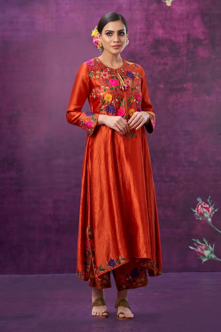 Shop_Label Niti Bothra_Orange Kora Silk Mughal Round Floral Applique Kurta And Palazzo Set _at_Aza_Fashions