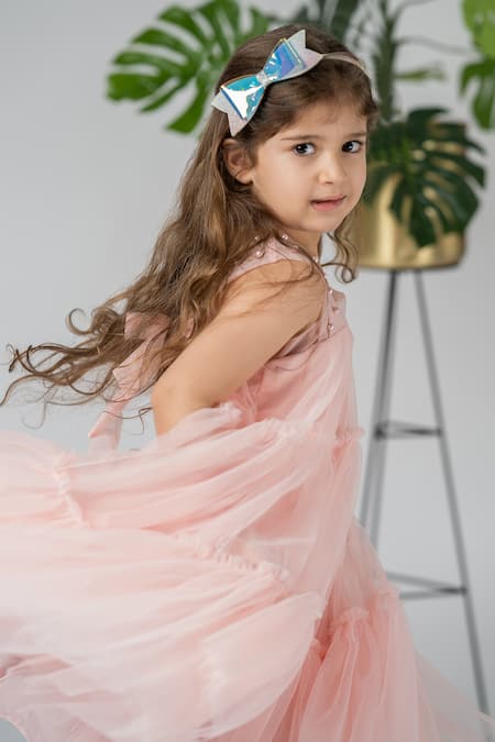 Shop Darleen Kids Couture Peach Net, Taffeta Pearls Allie Tiered Dress at Aza Fashions Shop_Darleen Kids Couture_Peach Net, Taffeta Pearls Allie Tiered Dress _at_Aza_Fashions