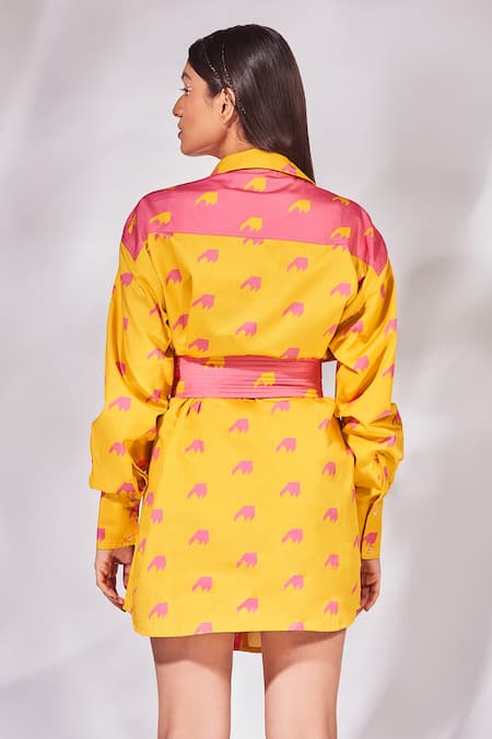 Shop_Senren By Eshana Raut_Yellow Cotton Collared Colorblock Shirt Dress _at_Aza_Fashions