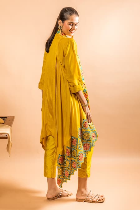 Shop Sunita Nagi Yellow Dupion Embroidered Leather And Applique Work Jacket Open Pant Set at Aza Fashions Shop_Sunita Nagi_Yellow Dupion Embroidered Leather And Applique Work Jacket Open Pant Set _at_Aza_Fashions