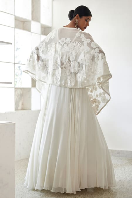 Shop_Mishru_Ivory Organza Sequins Sweetheart Alya Floral Bunch Embroidered Cape Lehenga Set _at_Aza_Fashions