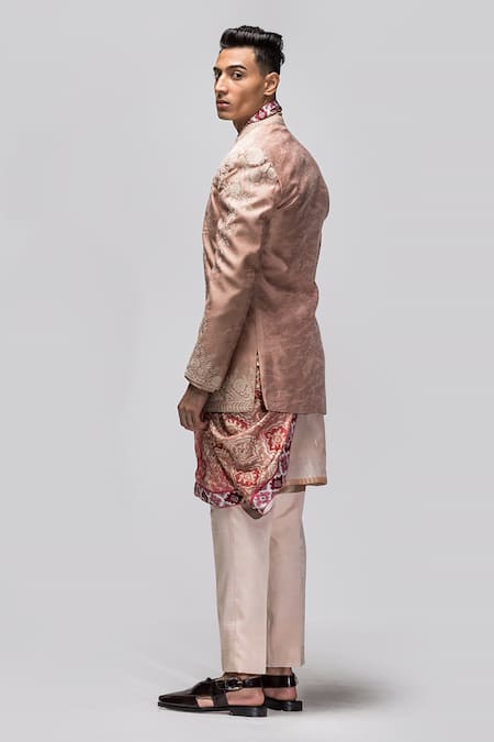 Shop_Asuka_Pink Silk Embroidery Floral Bandhgala Set _at_Aza_Fashions