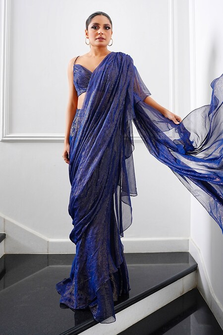 Navy Blue Saree with Matching Blouse & 3D Shoulder Detail - Seasons India