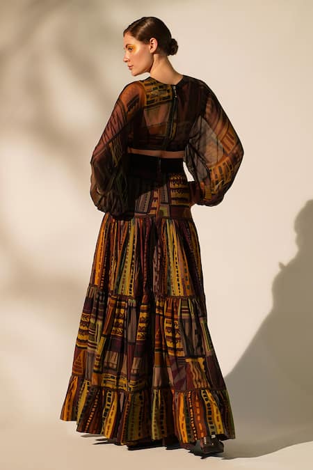 Shop Nikita Mhaisalkar Multi Color Chiffon Beads, Sequins, Cut Work Abstract Print Balloon Sleeve Top at Aza Fashions Shop_Nikita Mhaisalkar_Multi Color Chiffon Beads, Sequins, Cut Work Abstract Print Balloon Sleeve Top _at_Aza_Fashions