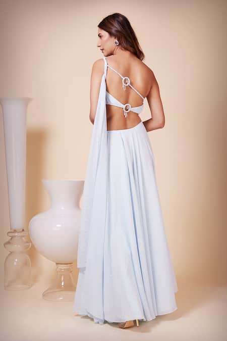 Shop Saaj By Ankita Blue Georgette Sequins, Crystals One Shoulder Floral Applique Embroidered Gown at Aza Fashions Shop_Saaj By Ankita_Blue Georgette Sequins, Crystals One Shoulder Floral Applique Embroidered Gown _at_Aza_Fashions