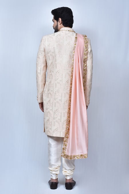 Shop Arihant Rai Sinha Peach , Satin Embroidery Floral And Paisley Sherwani Set at Aza Fashions Shop_Arihant Rai Sinha_Peach , Satin Embroidery Floral And Paisley Sherwani Set _at_Aza_Fashions