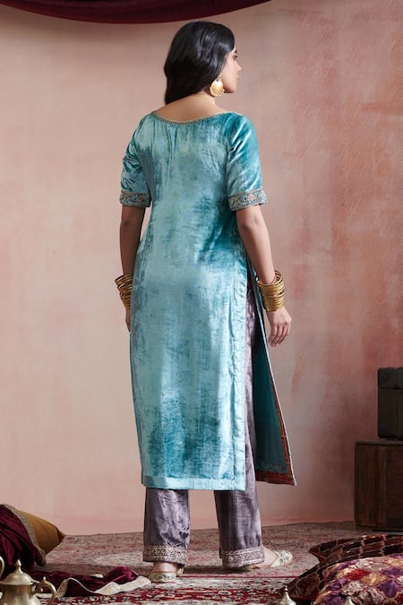 Shop Weaver Story Blue Velvet, Organza, Cotton Embroidery Round Straight Kurta And Farshi Pant Set at Aza Fashions Shop_Weaver Story_Blue Velvet, Organza, Cotton Embroidery Round Straight Kurta And Farshi Pant Set _at_Aza_Fashions