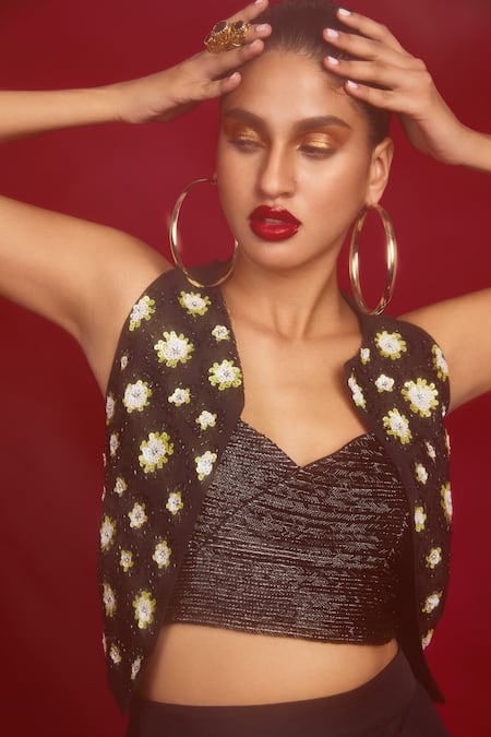 Shop_Nandita Thirani_Black Polyester Blend Silk Embroidery Sequin And Cutdana Short Jacket & Skirt Set _at_Aza_Fashions