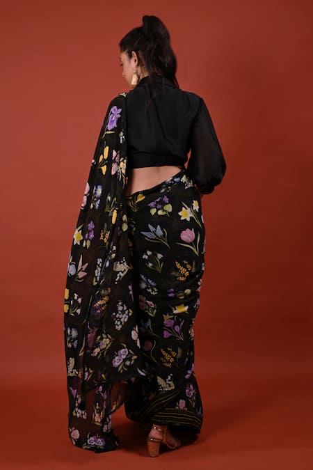 Shop_Rimi Nayak_Black Georgette Embroidery Assorted Floral Print Saree _at_Aza_Fashions