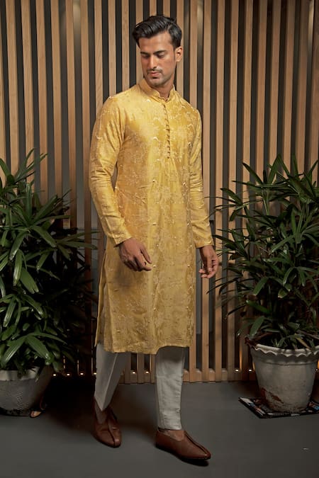 Shop Darshika Menswear Yellow Silk, Cotton Embroidery Thread Kurta Set at Aza Fashions Shop_Darshika Menswear_Yellow Silk, Cotton Embroidery Thread Kurta Set _at_Aza_Fashions