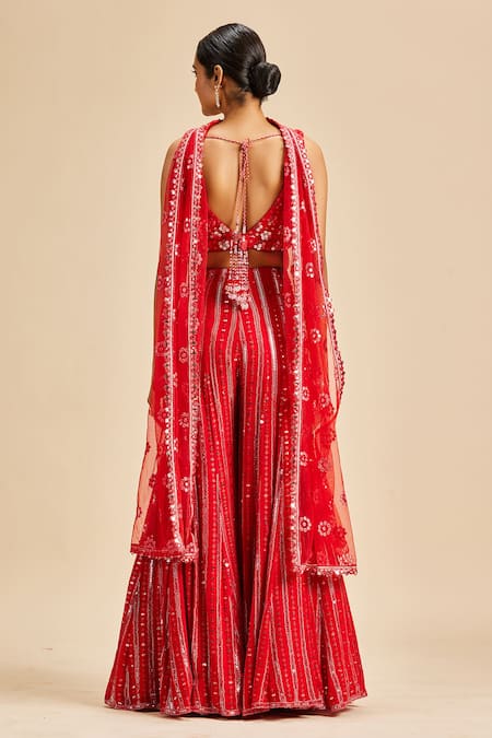 Shop Nitika Gujral Red Crop Top And Sharara Georgette Embroidery Patra Leaf Neck Set at Aza Fashions Shop_Nitika Gujral_Red Crop Top And Sharara Georgette Embroidery Patra Leaf Neck Set _at_Aza_Fashions