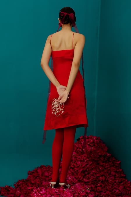 Shop_Latha Puttanna_Red Satin, Organza Pearls V-neck Rose And Embroidered Slip Dress _at_Aza_Fashions