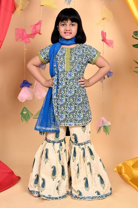 Kids Lane Blue Cotton Printed Floral Kurta Sharara Set   2