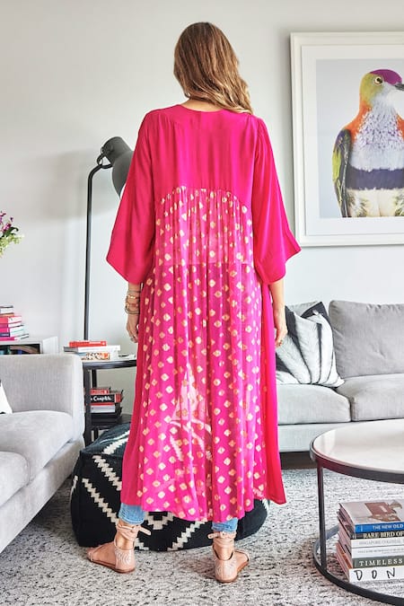 Shop_Style Junkiie_Pink Chiffon, Crepe Diamonds Open Neck Kimono Duster _at_Aza_Fashions