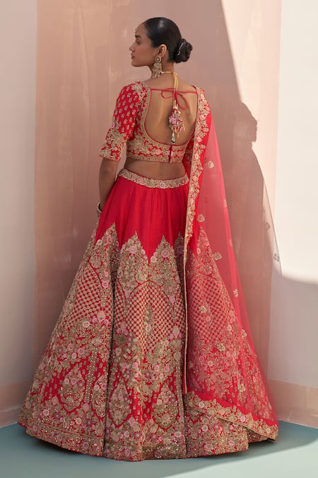 Angad Singh Flower Embroidered Raw Silk Bridal Lehenga Set 