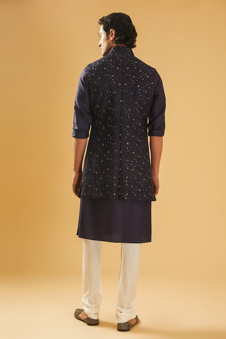 Raghavendra Rathore Blue Navy Blue Floral Embroidered Bundi Set 