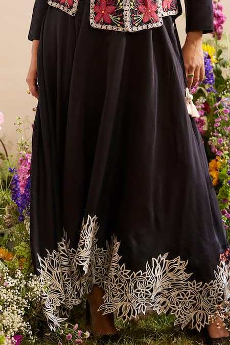 Shop Chandrima Black Chanderi Embroidery Lotus Cut Work Hem Skirt at Aza Fashions Shop_Chandrima_Black Chanderi Embroidery Lotus Cut Work Hem Skirt _at_Aza_Fashions