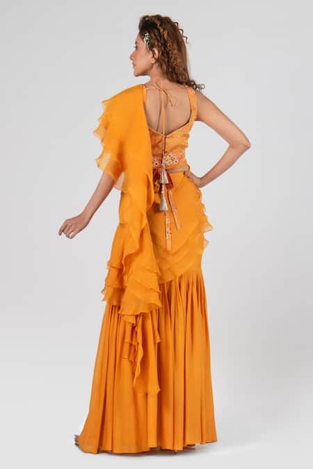 Shop Suruchi Parakh Yellow And Georgette Beads & Ruffle Pre-draped Saree With Blouse at Aza Fashions Shop_Suruchi Parakh_Yellow And Georgette Beads & Ruffle Pre-draped Saree With Blouse_at_Aza_Fashions